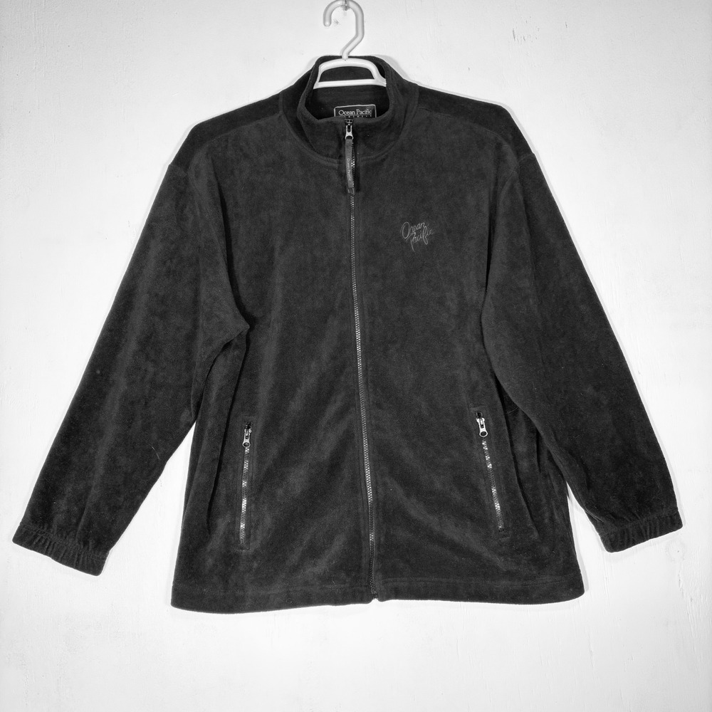 VTG 80s 90s Ocean Pacific Black Full Zip Fleece Jacket Mens L Warm Gorpcore - Picture 2 of 4